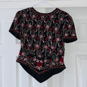 Papell Boutique Black Beaded Evening Top – Floral Embroidery